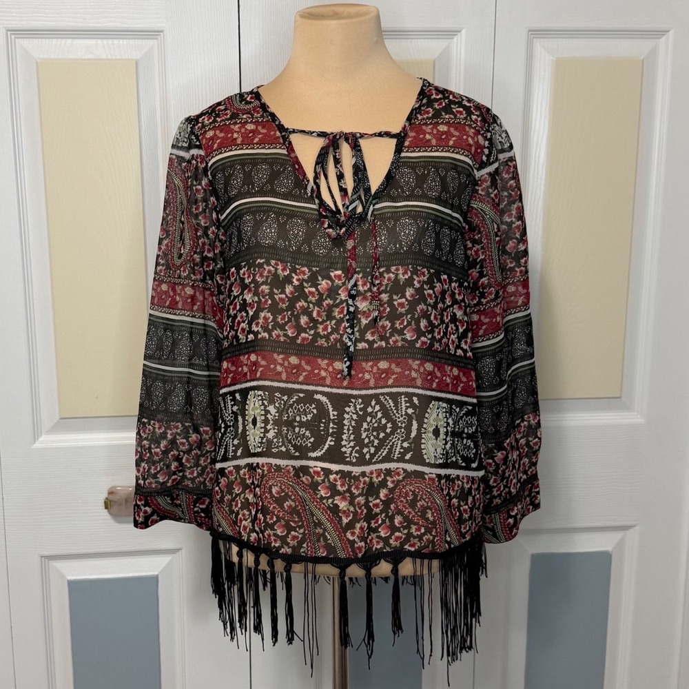 Earthbound Trading Co Womens Medium Boho Floral Paisley Fringe Tie Neck Blouse